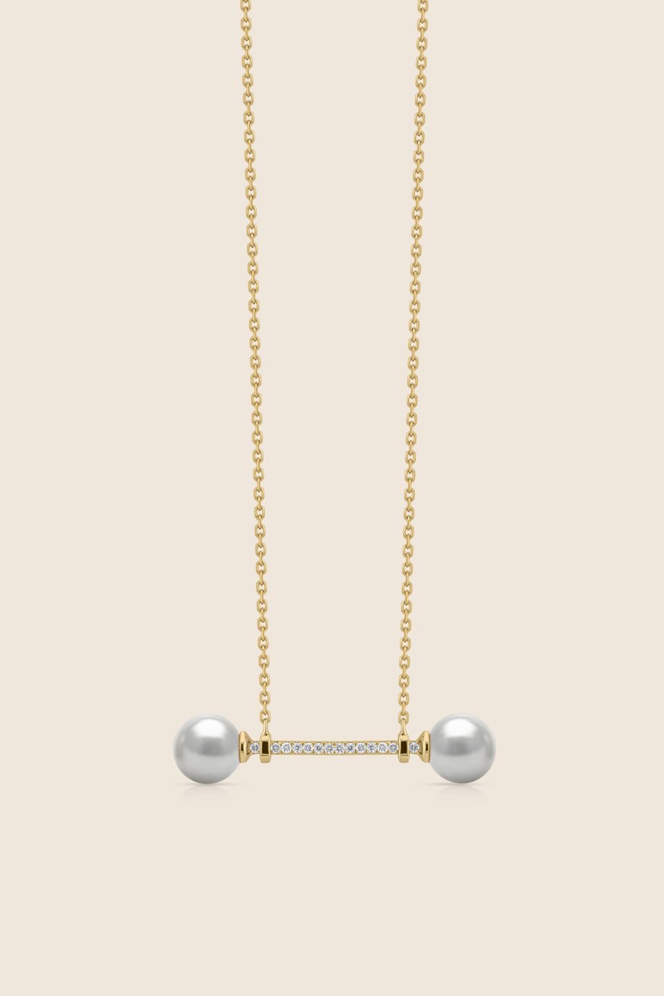 lavita yellow gold diamond balance bar pendant with twin pearls