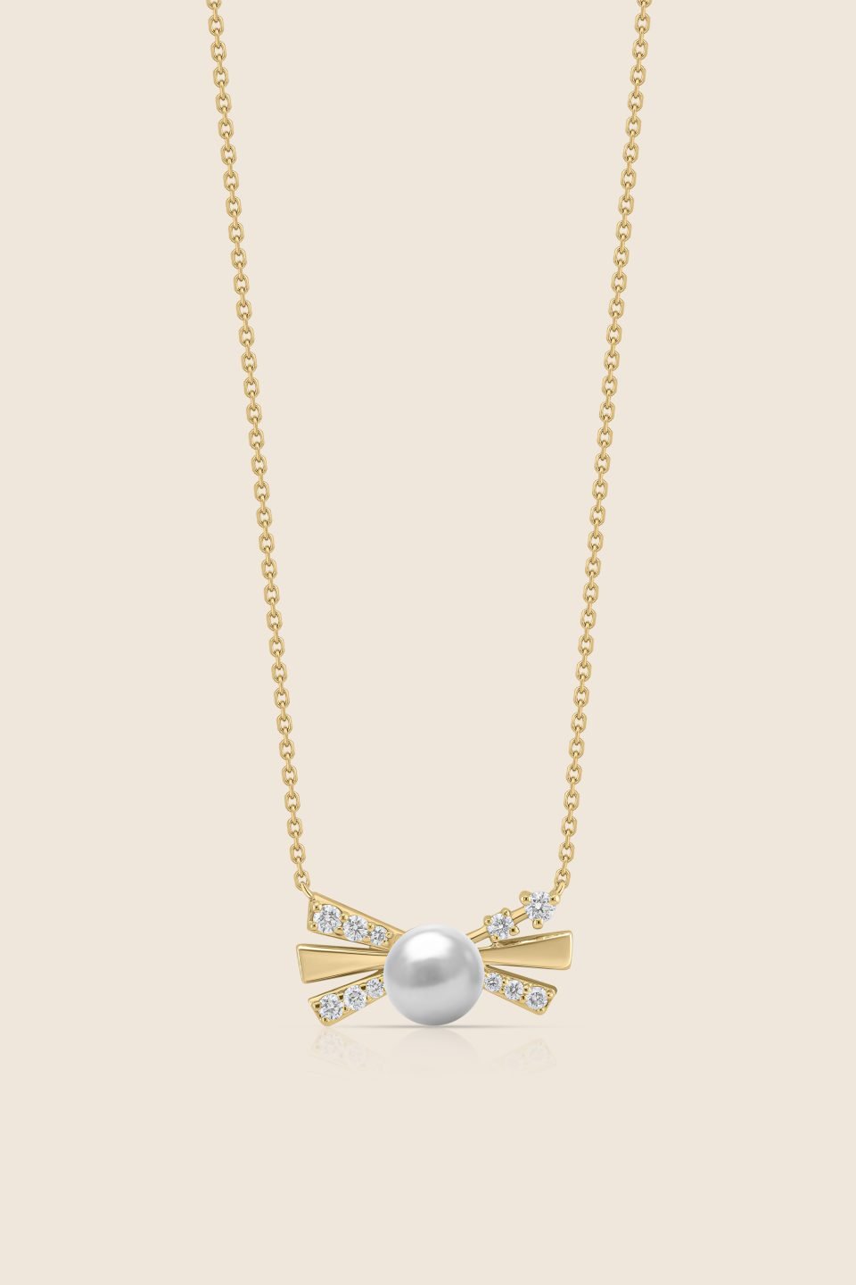 lavita rose gold bow pendant with diamonds and a center pearl