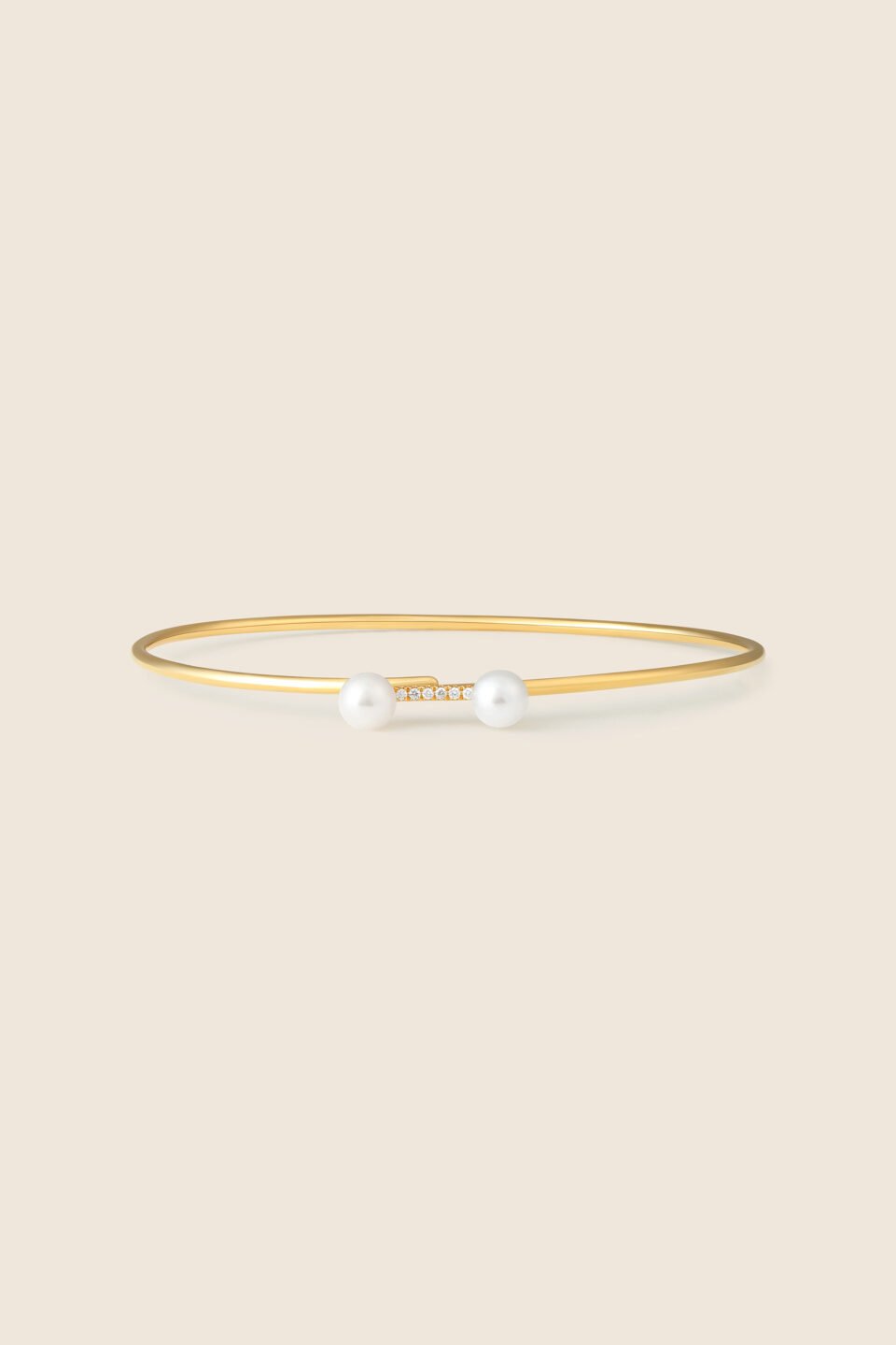 lavita yellow gold diamond balance bar bangle with twin pearls