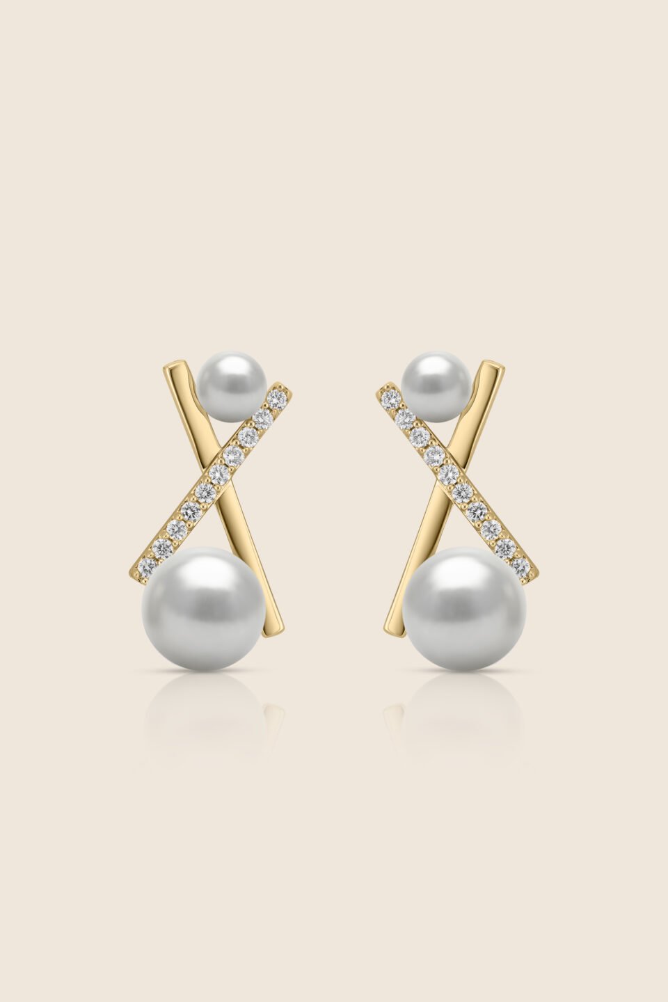 lavita yellow gold diamond cross bar earring with two pearls