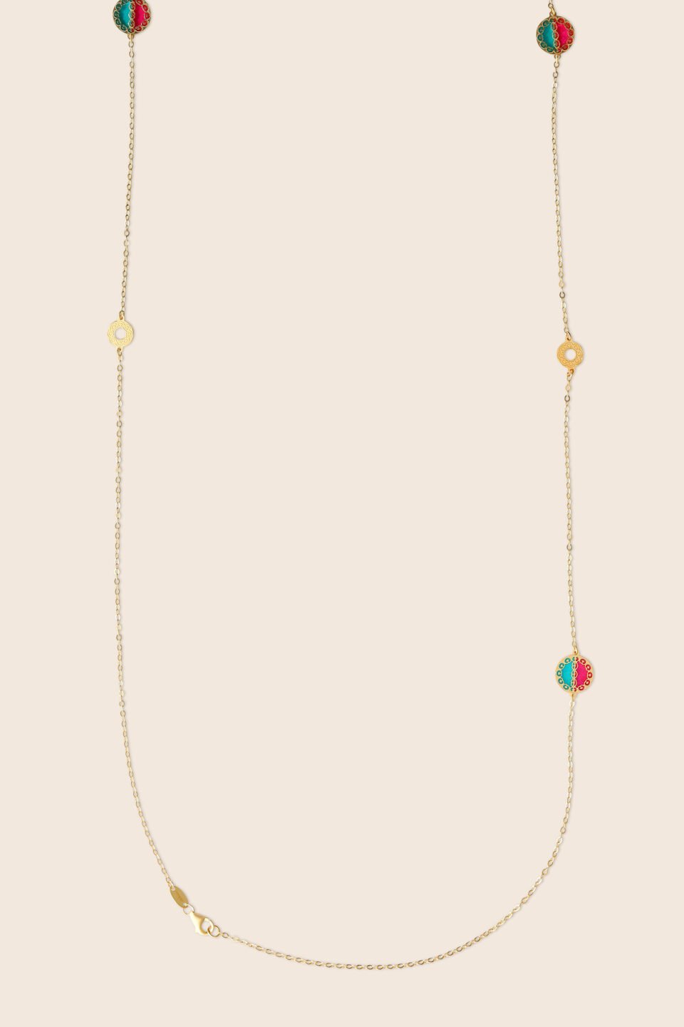 Novelty yellow gold long chain with gem stones
