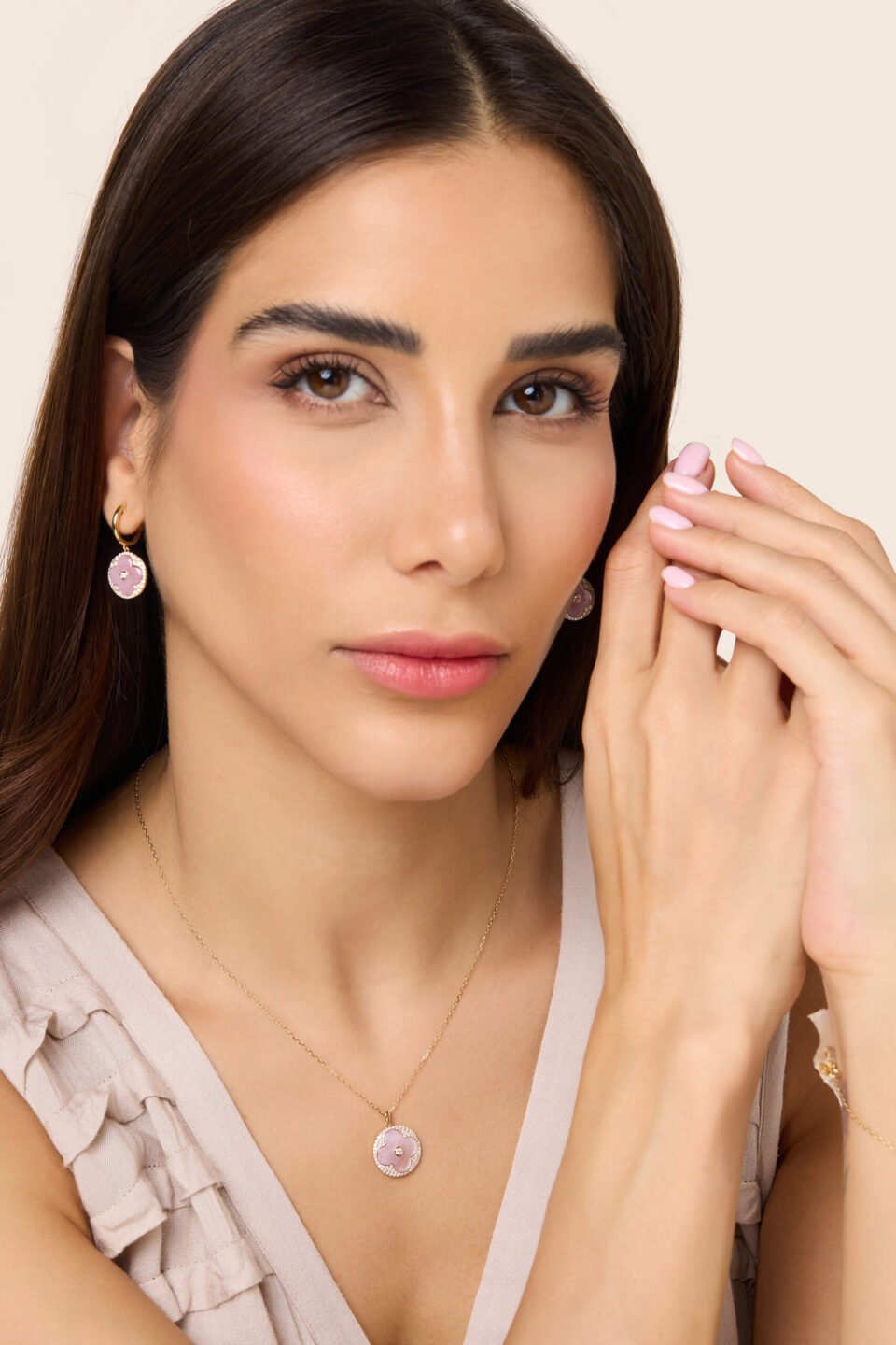 Amara yellow gold diamond necklace with pink MOP