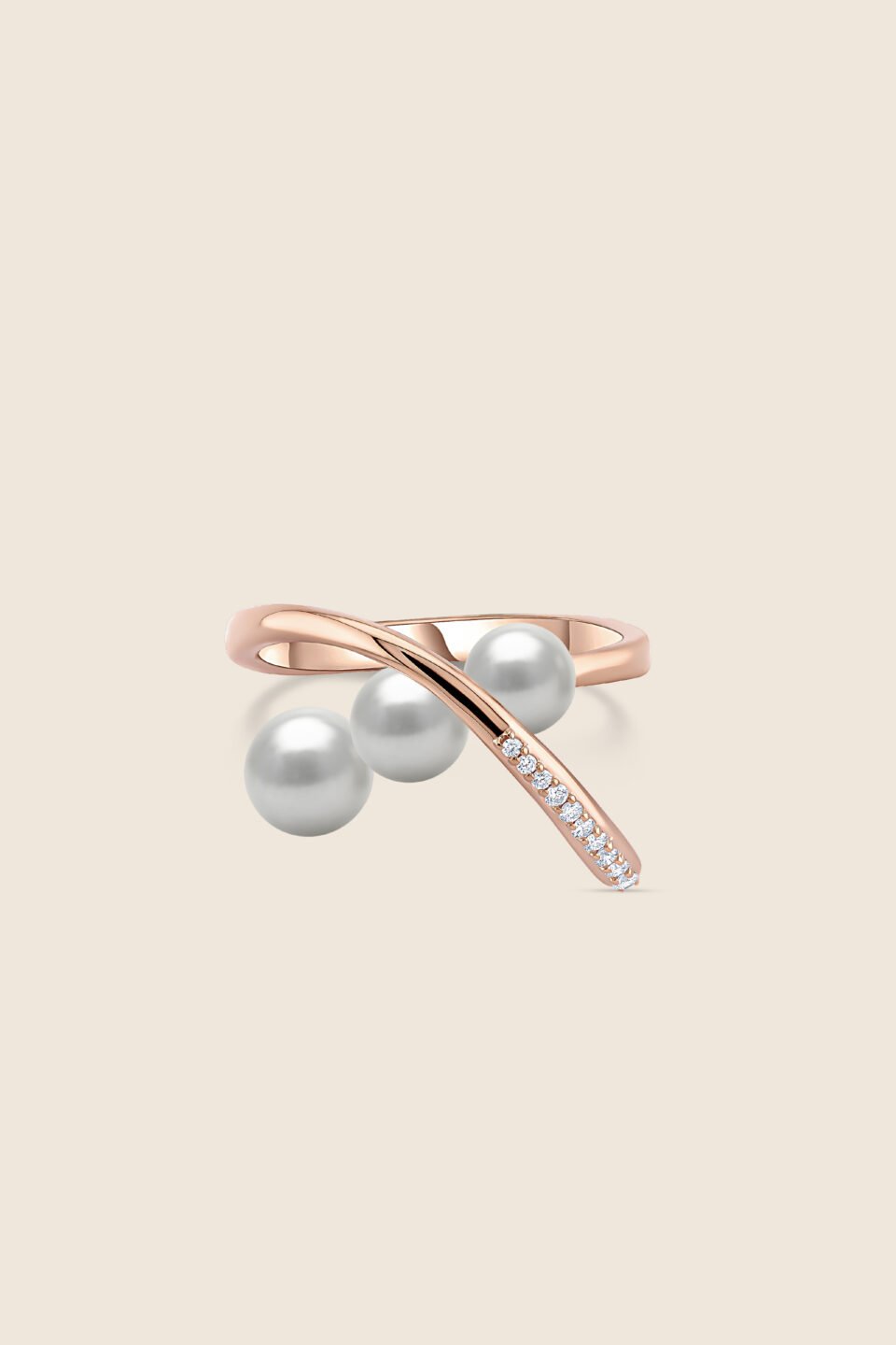 lavita rose gold diamond curved ring with 3 pearls