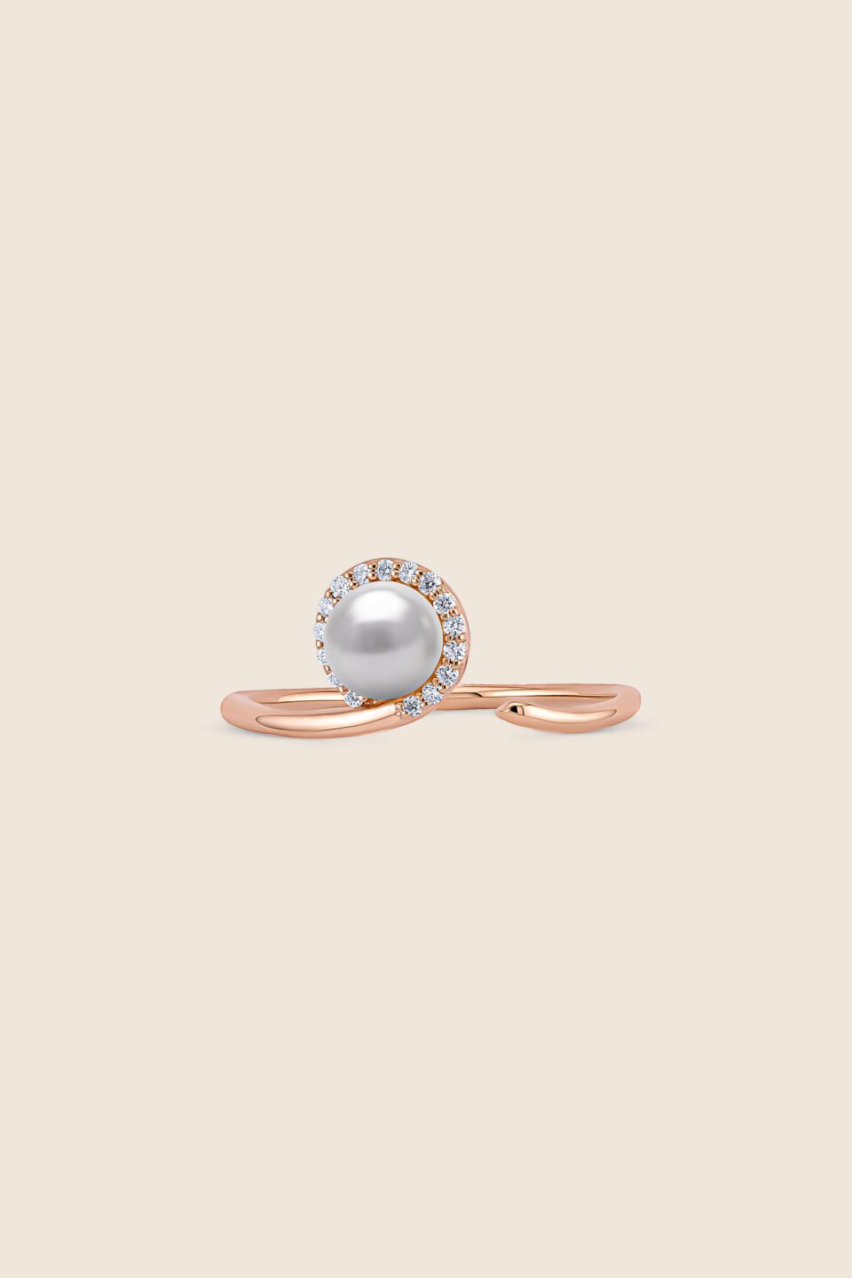 lavita rose gold flow ring with diamonds and a center pearl