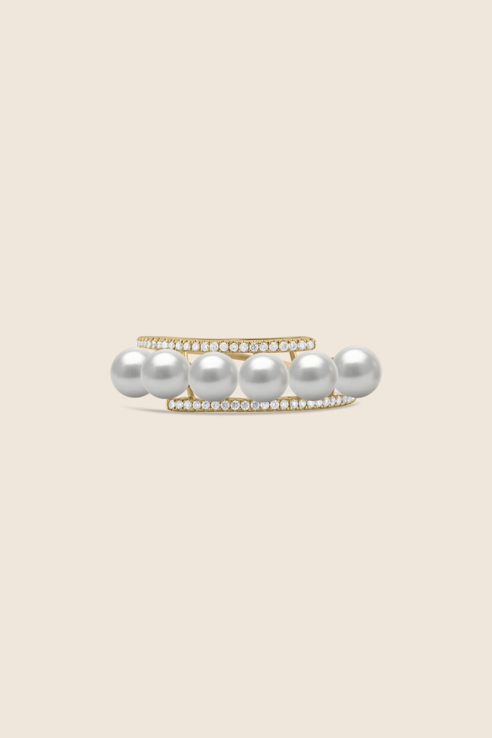 lavita yellow gold diamond vertical ring with three stacked pearls