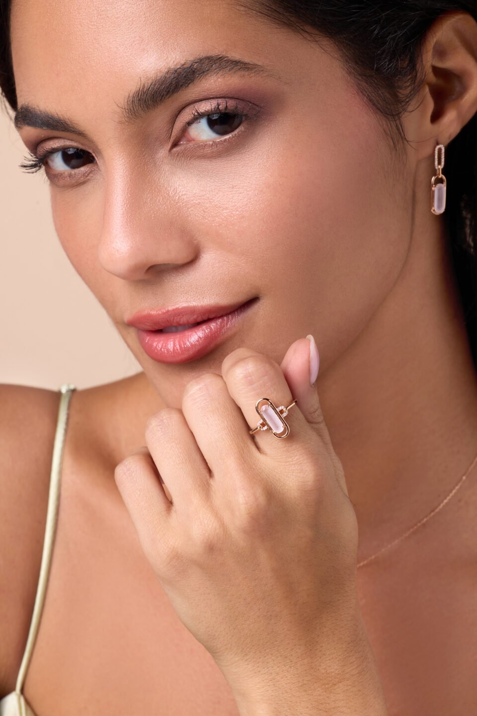 affinity rose gold diamond ring with rose quartz