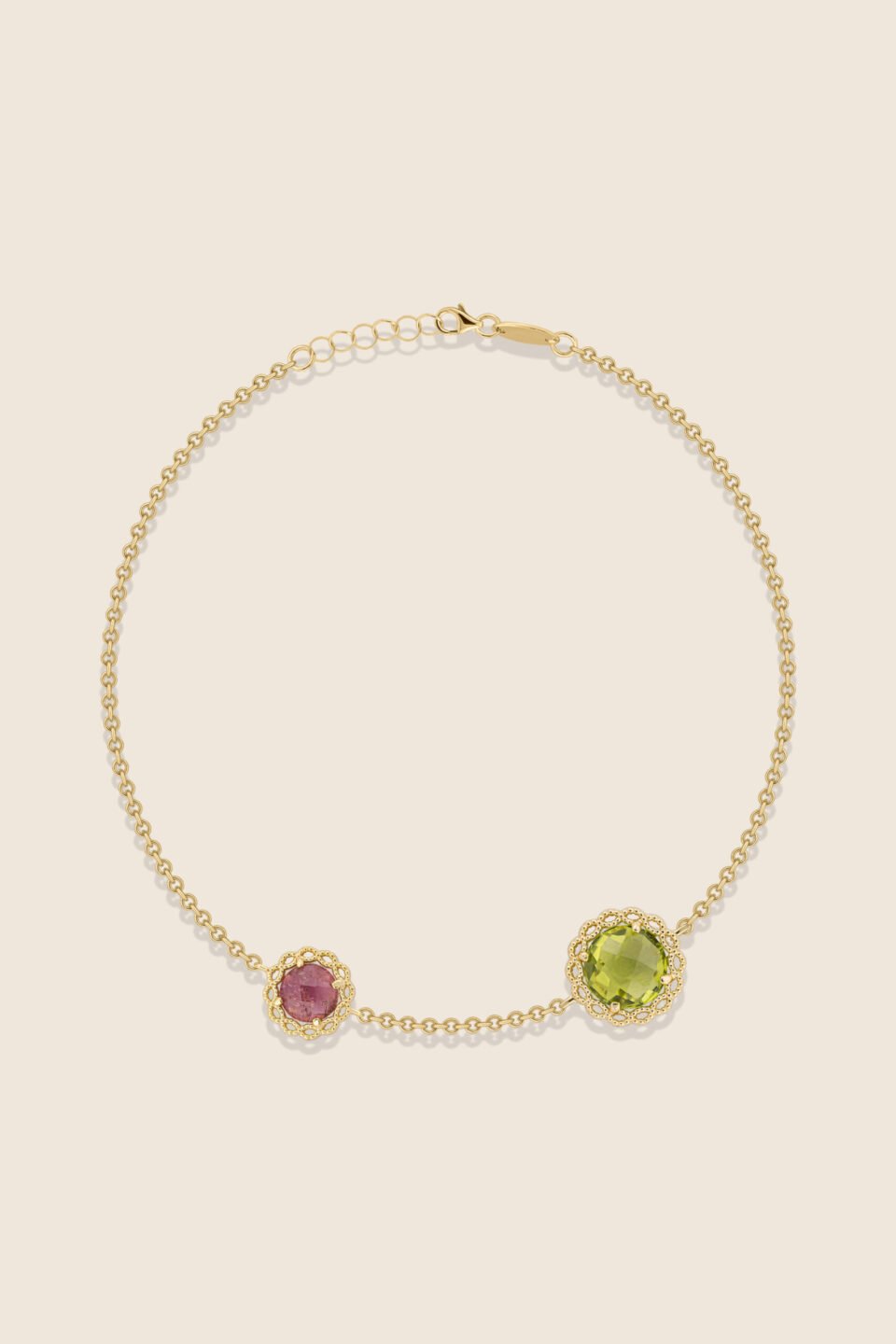 Chiara yellow gold two motive bracelet with peridot and amethyst