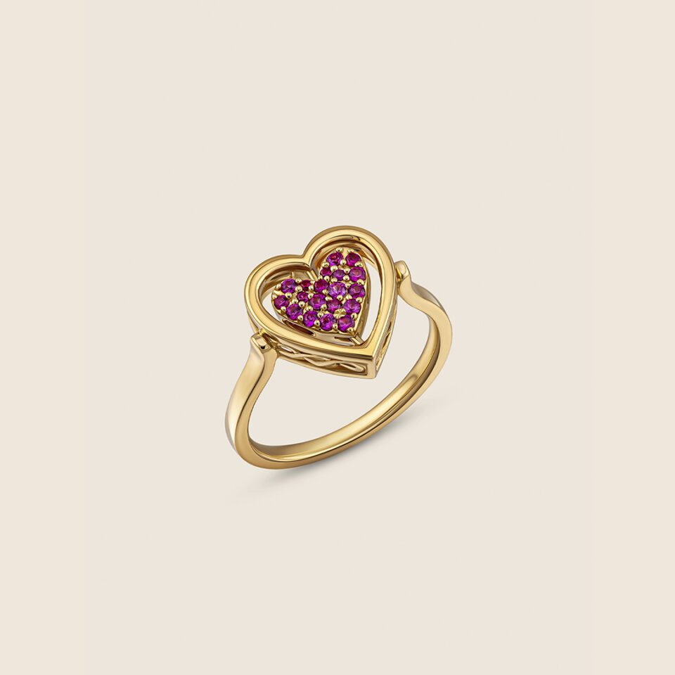 Esme yellow gold diamond and ruby flipable heart ring